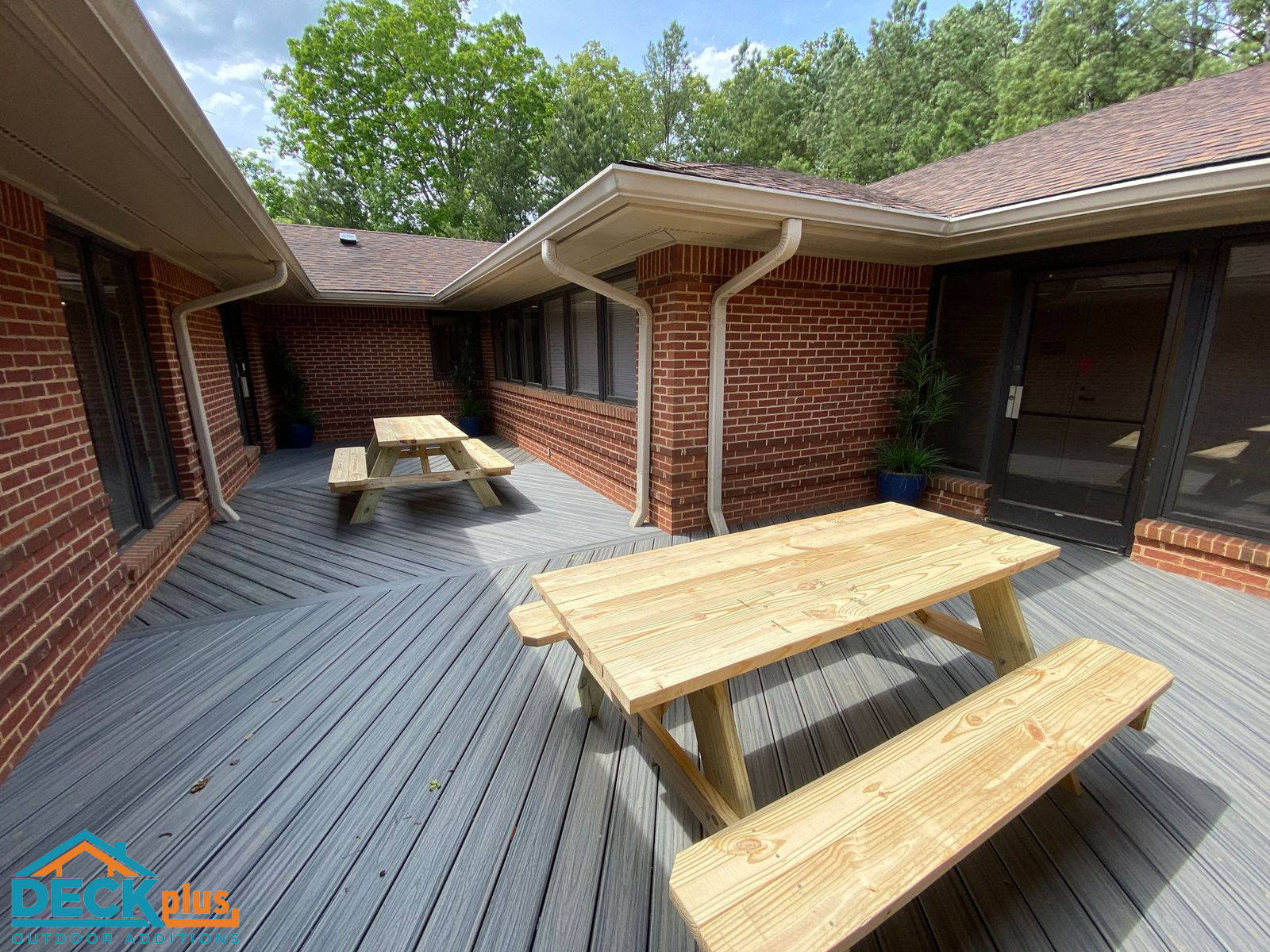 A deck with angled Trex composite decking
