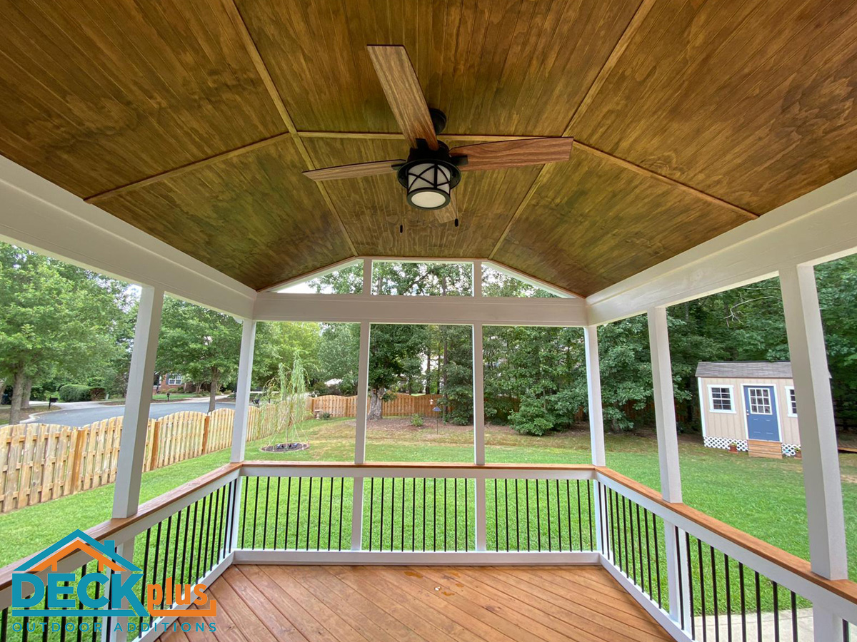 A screened porch with a gable roof