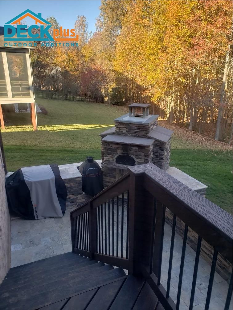matthews outdoor fireplace with travertine patio and pizza oven