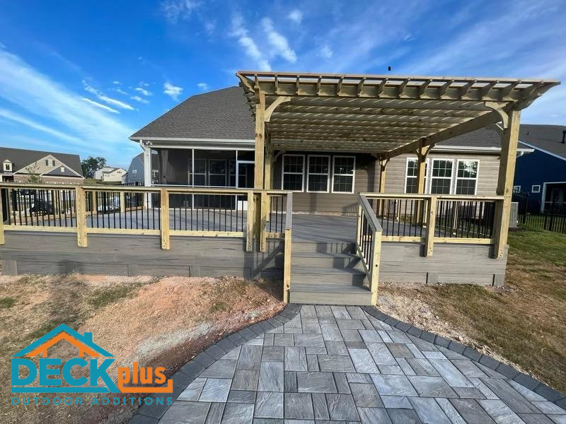 custom overhead pergola over new synthetic deck